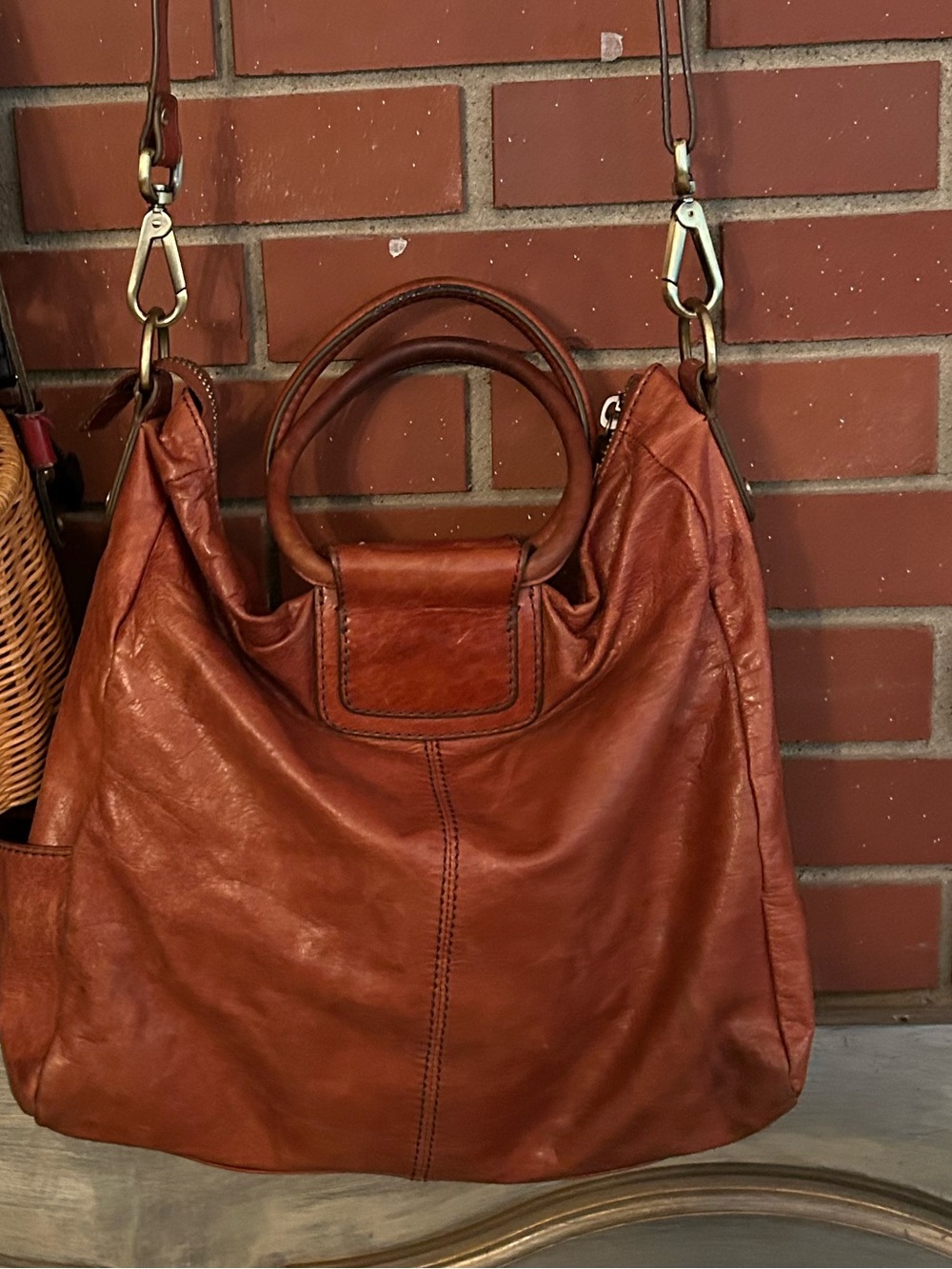 HOBO International Sheila Medium Leather Satchel Crossbody Bag Cognac Brown